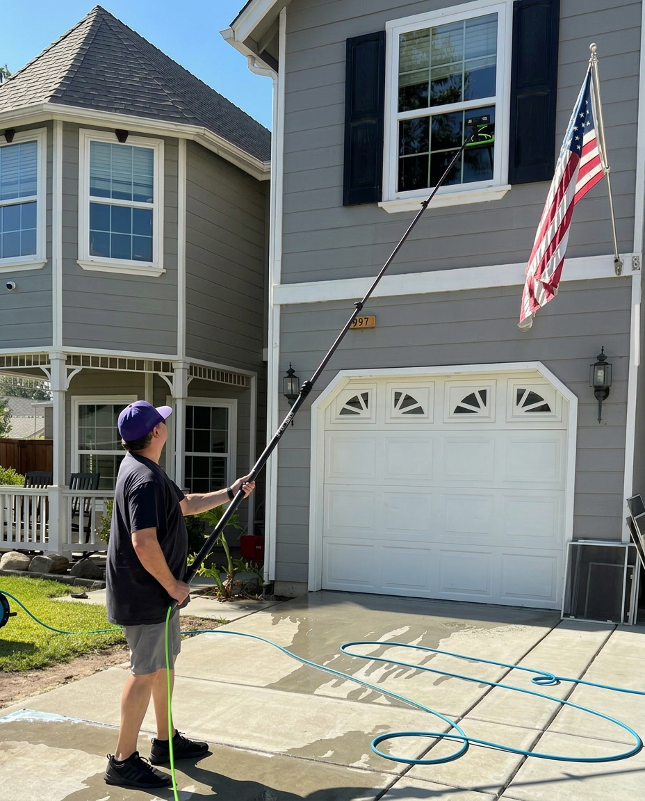 Dan Coelho cleaning a second-story residential window with a water-fed pole in Lemoore, CA